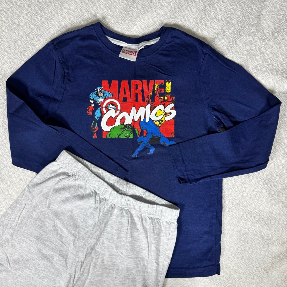 Marvel Comics Kids Pajama Set Navy Blue Gray Avengers 9-10 Y 140cm Long Sleeve